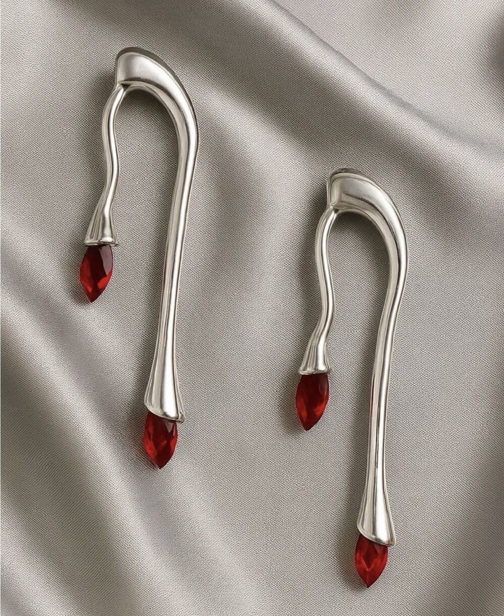 Modern Sculptural Earrings Silver COS Red Crystal Matchstick Steampunk Stud VTG